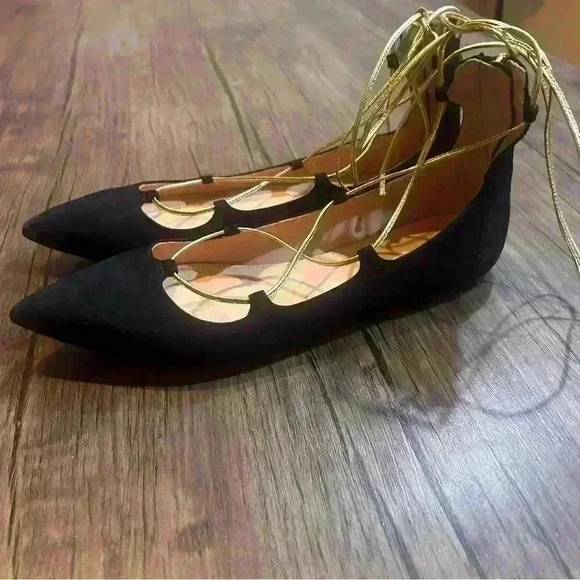J. Crew Women's Black Suede Gold Metallic Lace up Flats Back zip 8M - Picture 3 of 7
